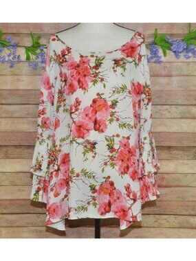Cato Blouse Size 26W 28W Feminine Pink Floral Ruffle Sleeves Shabby Chic Boho